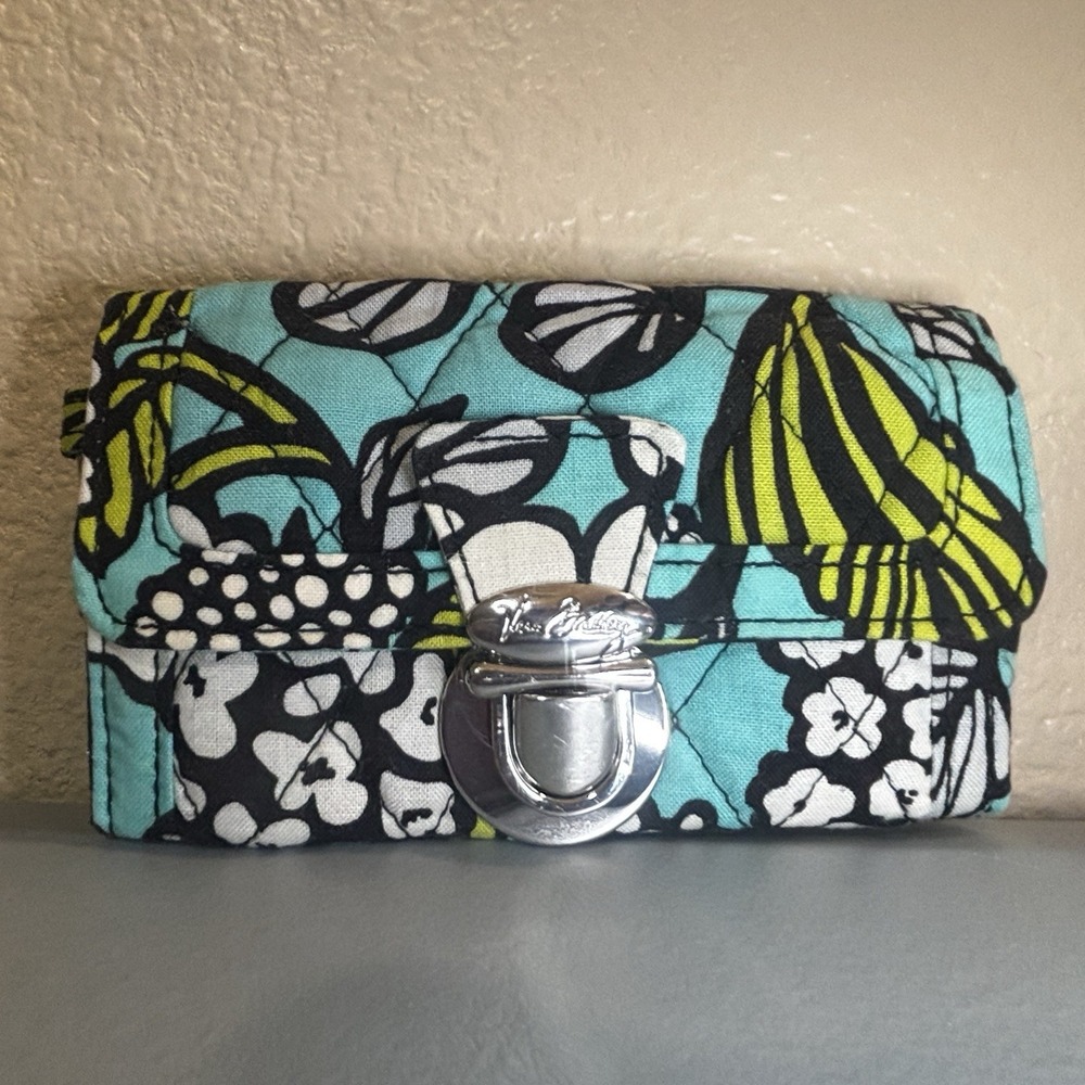 Vera Bradley‎ Island Blooms Wallet Money ID Cards silver Latch Keychain Blue